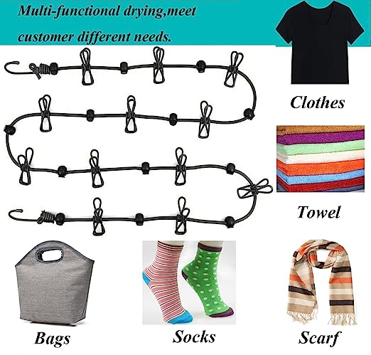 Stretchable Cloth Drying Rope with 12 Clips (9 Feet, Multicolour)