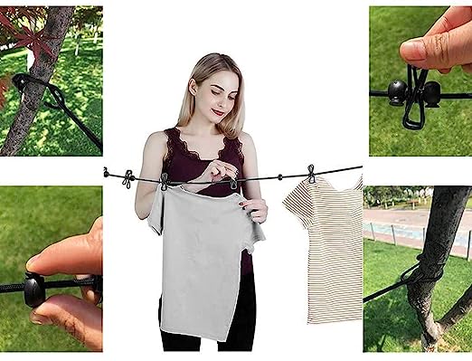 Stretchable Cloth Drying Rope with 12 Clips (9 Feet, Multicolour)