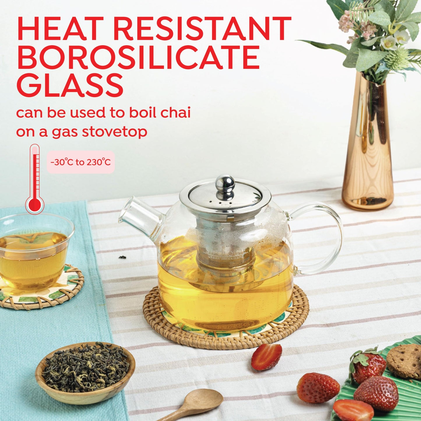 Premium Glass Tea Pot with Infuser – Gas Stove Safe & Flame-Proof, Fine Mesh Steel Filter