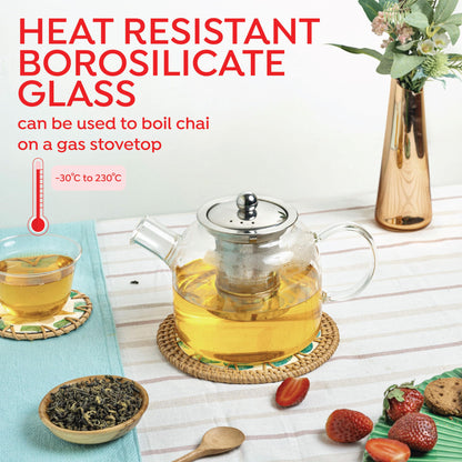 Premium Glass Tea Pot with Infuser – Gas Stove Safe & Flame-Proof, Fine Mesh Steel Filter
